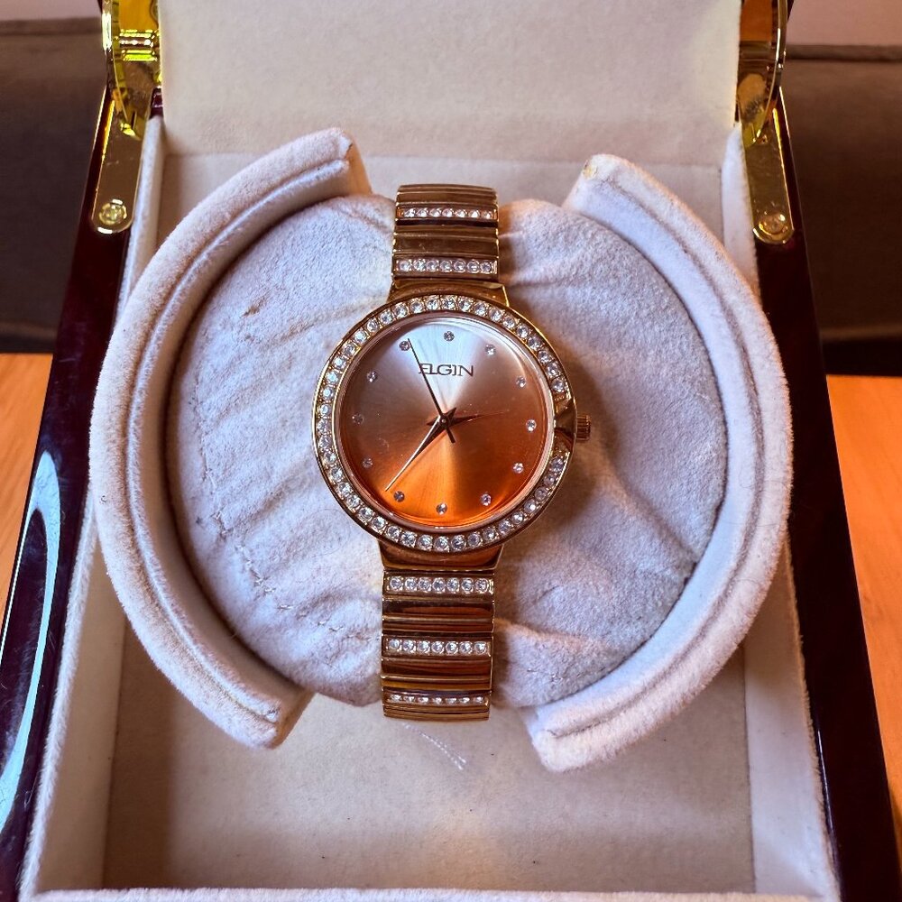 Elgin Ladies' Dress Watch Gold Tone + 164 Crystals + Peach Ombre, 32mm